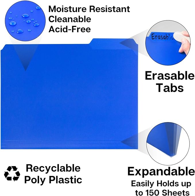 Dunwell Plastic Colored File Folders (6 Pack), 1/3 Tab Filing Folders for 8.5x11 Letter Size Documents, Assorted Colors, Acid-Free Poly, Includes Labels