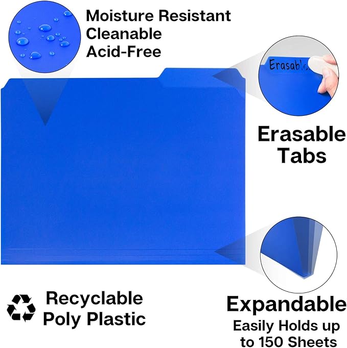 Dunwell Plastic Colored File Folders (12 Pack), 1/3 Tab Filing Folders for 8.5x11 Letter Size Documents, Assorted Colors, Acid-Free Poly, Includes Labels