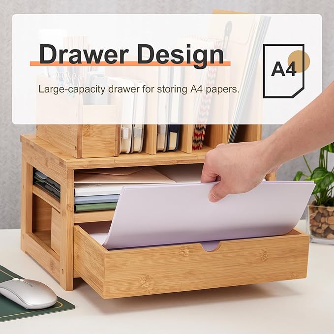 Homde Bamboo Desk Organizer with Drawer and File Holder, Office Organization for Desks with Adjustable Pen Holding, Desktop Letter Paper Tray Storage for Workplace Home School (Natural, M)