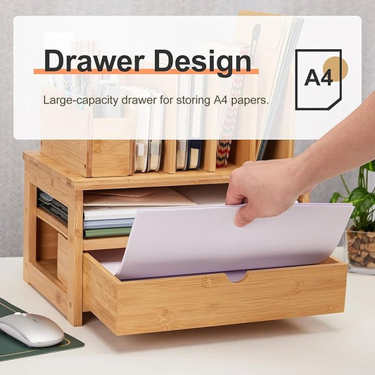 Homde Bamboo Desk Organizer with Drawer and File Holder, Office Organization for Desks with Adjustable Pen Holding, Desktop Letter Paper Tray Storage for Workplace Home School (Natural, M)