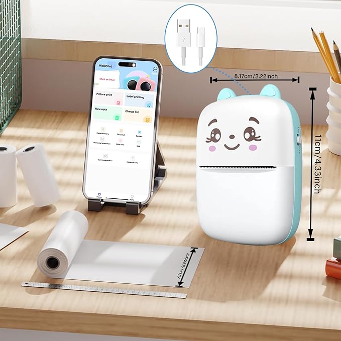 Mini Sticker Printer, Inkless Sticker printer with 5 Rolls Pape, Bluetooth Smart Pocket Printer Compatible with iOS & Android, Portable Thermal Printer for PicturesRetro-Style PhotosReceiptsNotes