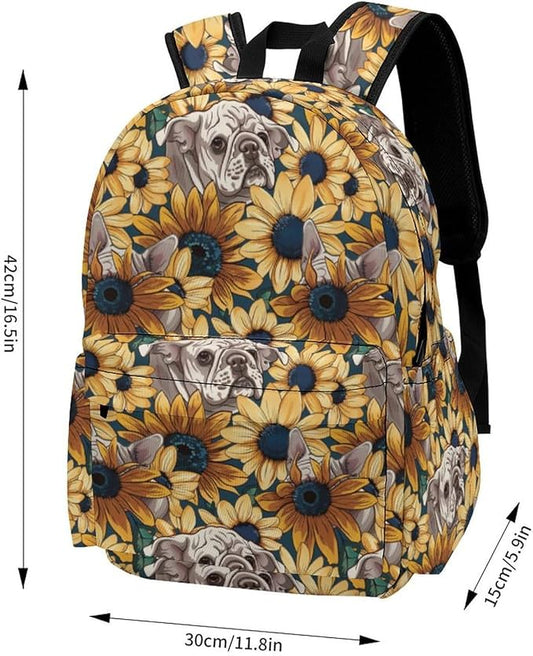 17 Inch Laptop Backpack Cartoon French Bulldog Face Sunflower Teen Girls Boys School Backpack Bags Travel Bookbag Back Pack Outdoor Daypack for Women Men