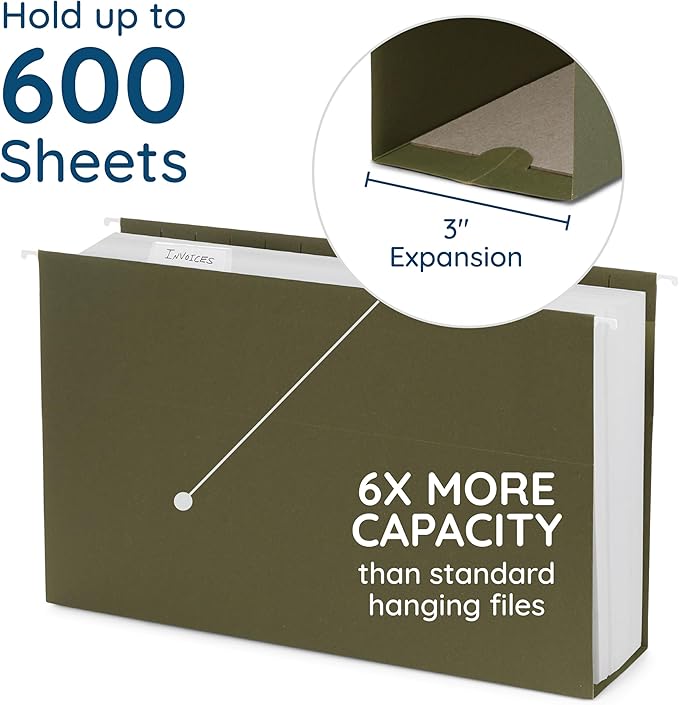 25 Blue Summit Supplies Legal Size Hanging File Folders with 3" Expansion, Standard Green Expandable Hanging File Folders, 25 Plastic Tabs and Inserts, Durable 12pt Paper