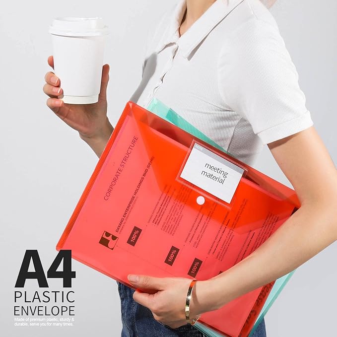 LEOBRO File Folders for Documents, 4 Pcs Plastic Folders with Pocket, Plastic Envelopes with Snap Closure, Reusable File Bags, for School & Office, A4 Size