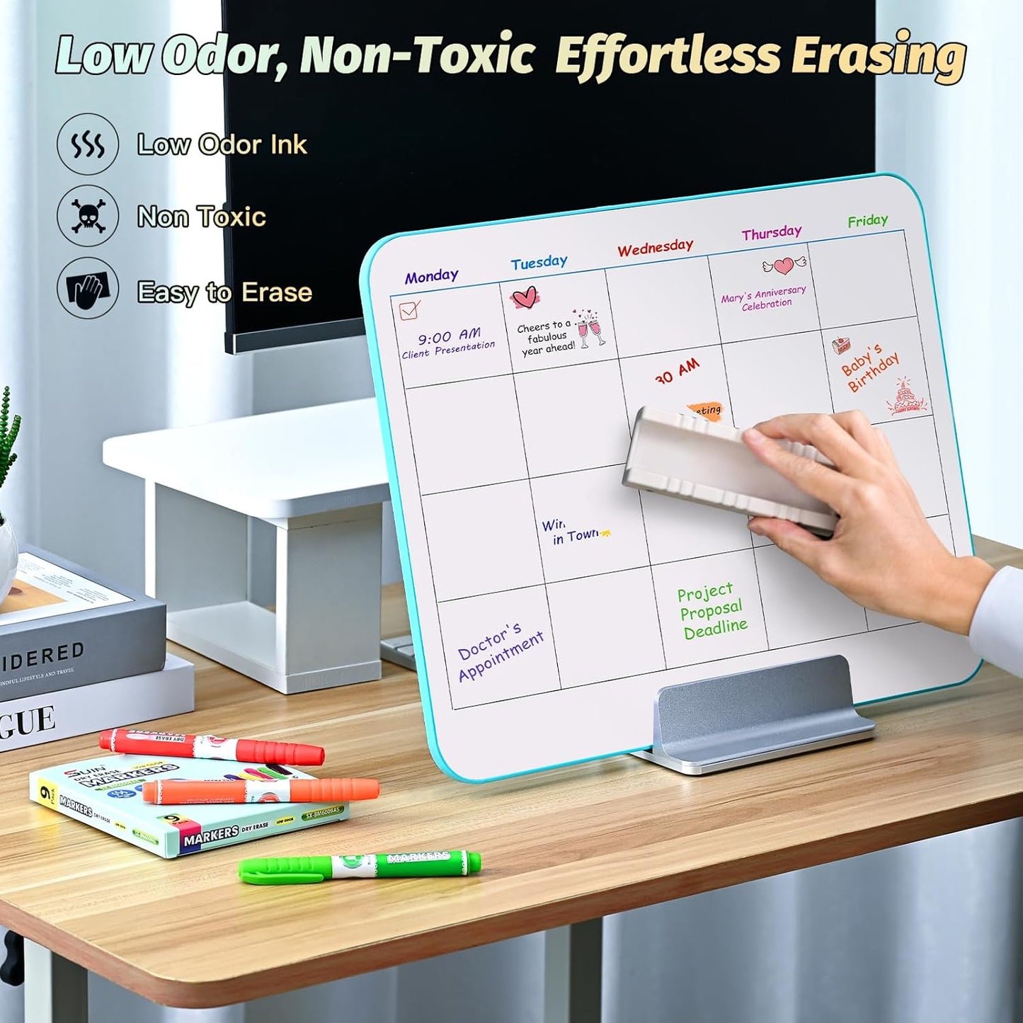 SUIN 9 Colors Dry Erase Markers - Low Odor, Non-Toxic, Slim Whiteboard Bullet Tip markers, Medium Fine Tip Whiteboard Pens for Kids, Office, Classroom & Home 36 Count