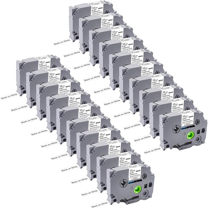 20PK Ptouch Tape 12mm 0.47 Laminated White, Fade Resistant& Waterproof, School/Home/Office/Business Use, Outdoor Label Refills for PT-D220 D210 H110 D200 D400 1280 D610BT