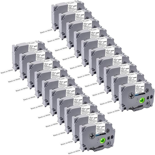 20PK Ptouch Tape 12mm 0.47 Laminated White, Fade Resistant& Waterproof, School/Home/Office/Business Use, Outdoor Label Refills for PT-D220 D210 H110 D200 D400 1280 D610BT