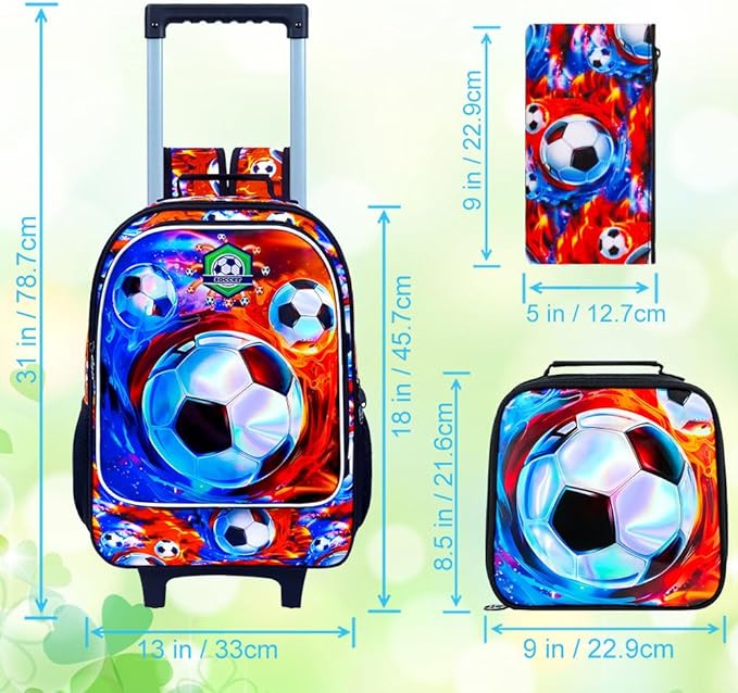 3Pcs Soccer Rolling Backpack for Boys, Kids School Backpacks with Wheels, Roller Bookbag with Lunch Box for Elementary Preschool(Ice and Fire)