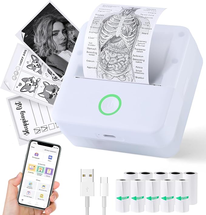 Print Pods Mini Printer, Thermal Inkless Sticker Maker with 10 Rolls Printing Paper, Pocket Printpod for phone, Impresora Portátil for Notes, Flashcards, Journal, DIY, Compatible with iOS & Android