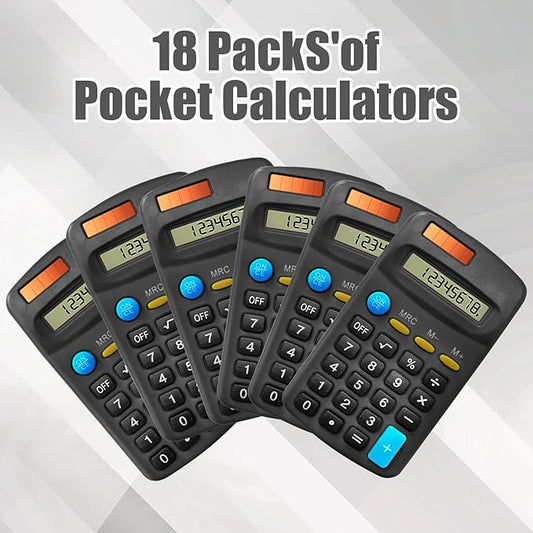 18 Pack Basic Calculators for Students, Pocket Calculator Bulk Classroom Mini Calculators Solar and Battery Dual Powered Handheld Calculator 8 Digit Display for Office School and Home (Black)