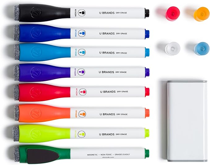 U Brands Fine Tip Dry Erase Markers with Eraser Set of 13, Includes 8 Whiteboard Markers, 4 Magnets and 1 Eraser