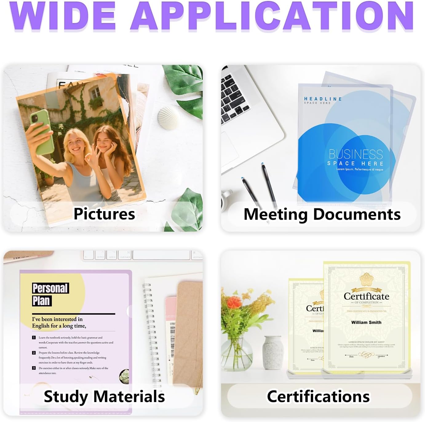 TOTiyea 50 Pack Clear Folder, Plastic L-Type Folders, Clear Colored Copy Safe Project Pocket, Fits Letter Size 8.5x11 Paper, Assorted Colors