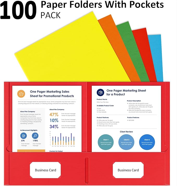 HABGP Two Pocket Folders, 100 Pack 2 Pocket Folders Fit Letter Size Paper, Colored Paper File Folders with Pockets for School Office Home Business (5 Colors)