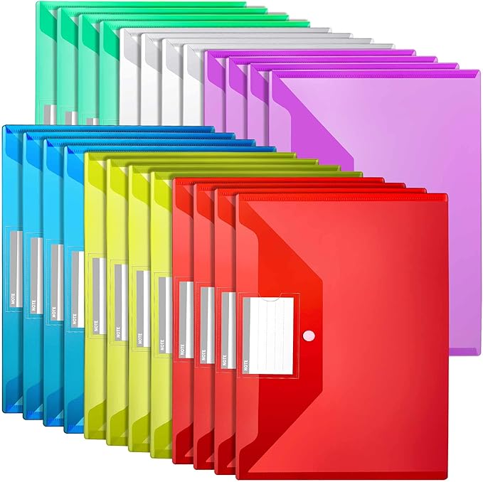 LEOBRO Plastic File Folders with Pocket, 24PCS Plastic Envelopes with Snap Closure, Folders for Documents, Reusable File Bags, A4 Size