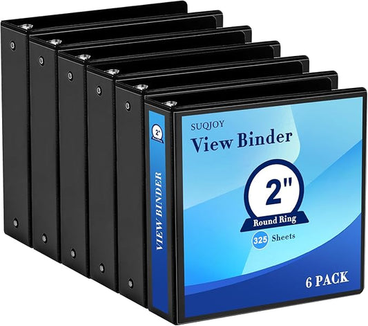 2 Inch 3-Ring Binder, 2" Round Ring Binder with 2 Inside Pockets, 6 Pack Black Binders, Clear View Cover, Holds Up to 450 Sheets 8.5" x 11" Paper，Study Binders for Office/Home/Back to School