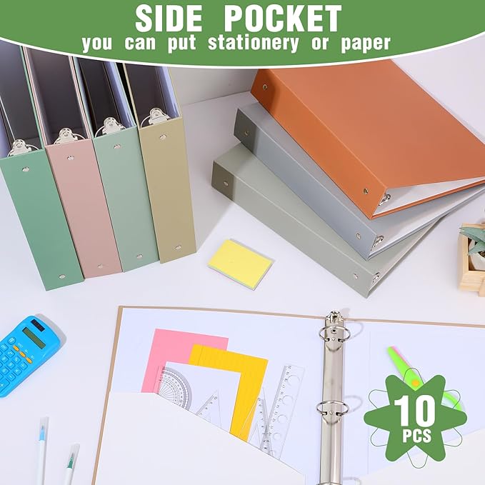Ctosree 10 Pack Colored 3 Ring Binder with 2 Pockets Hardcover Loose Leaf Binder for Women Men Teacher Student School Office Home Supplies, Fits 11 x 8.5 Size Paper, 10 Colors(1.5",Simple Color)