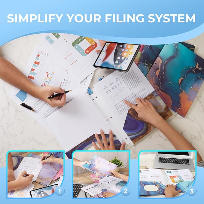 6 Pack Marble Design File Folders with Pockets - Plastic Folder with 2 Pockets & a Business Card Holder, Durable File Folders for Documents, School, Office & Home (Folder with Pockets)