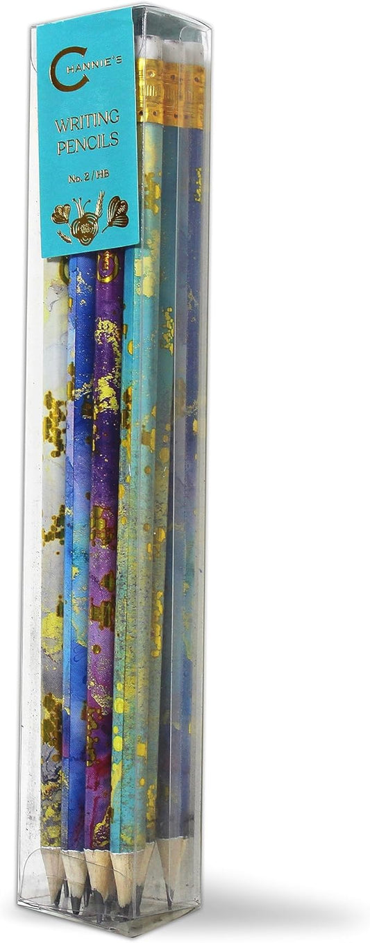 Channie's No. 2 HB 4 Gold Leaf Pencils Set of 12 - Fun Wooden Pencils with Colorful Abstract Patterns - Cute Desk Accessories
