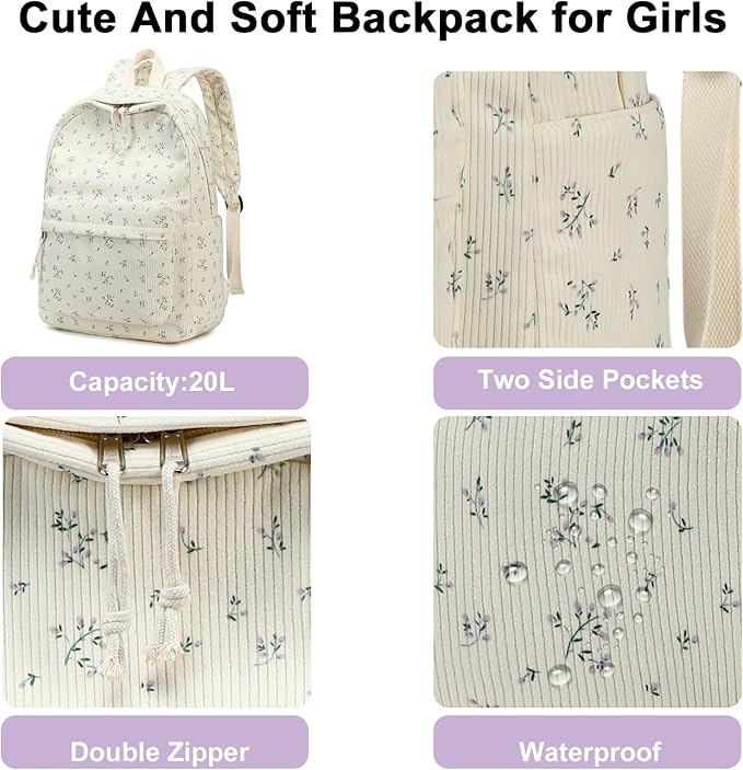 School Backpack for Teens Large Corduroy Bookbag Lightweight 15.6 inch Laptop Bag for Girls Women Casual High School College