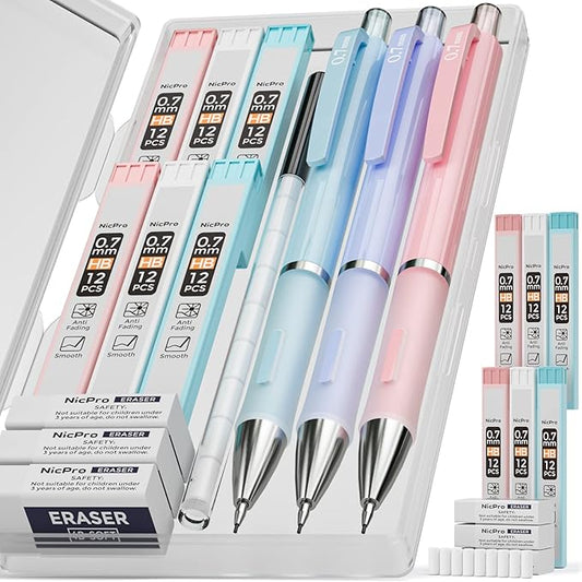 Nicpro 3PCS Cute Mechanical Pencil Set with Case, 0.7 mm Pencils with 6 Tube HB Lead Refill, 3PCS Eraser, 9PCS Eraser Refill for School Supplies Kid Student Writing, Drafting Drawing Sketching
