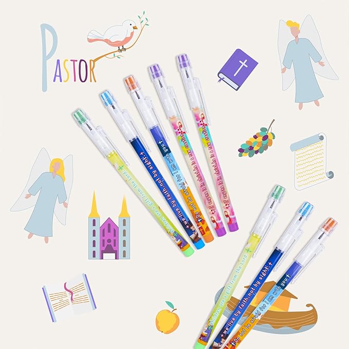 Kolewo4ever 48 Pieces HB Bible Verses Pencils Religious Pop Up Plastic Multipoint Pencil Multicolor Non Sharpening Stackable Pencils Religious Christian Pencil Sunday School Gifts