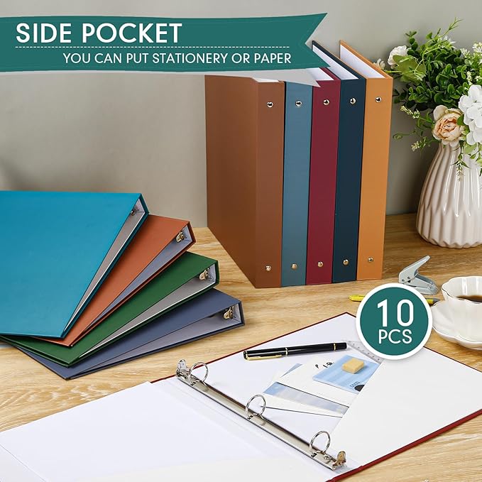 Ctosree 10 Pack Colored 3 Ring Binder with 2 Pockets Hardcover Loose Leaf Binder for Women Men Teacher Student School Office Home Supplies, Fits 11 x 8.5 Size Paper, 10 Colors(1",Business Color)