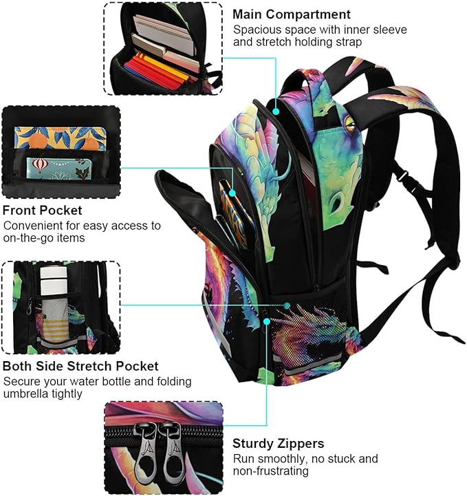 Lightning Dragon Watercolor Backpack for Boys Girls Elementary School Bag Kids Bookbag Travel Rucksack