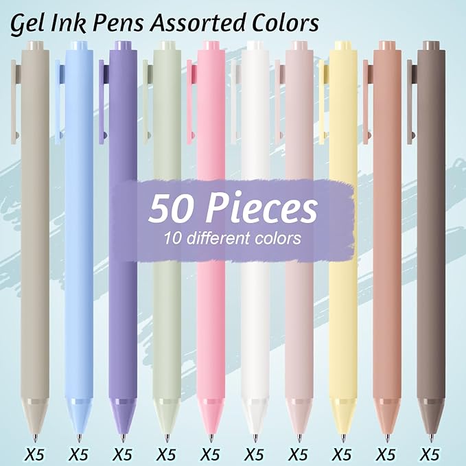 Crtiin 50 Pcs Gel Ink Pens Bulk Black Ink, Smooth Writing Cute Colorful Pens for Back to School First Day of School Teacher Student Server Office Supplies Staff Party Favor Gifts (Pastel Colors)
