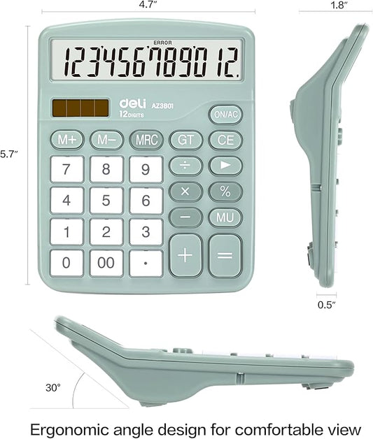 Calculator, Deli Standard Function Desktop Calculators with 12 Digit Large LCD Display and Sensitive Button, Solar Battery Dual Power Office Calculator, Green