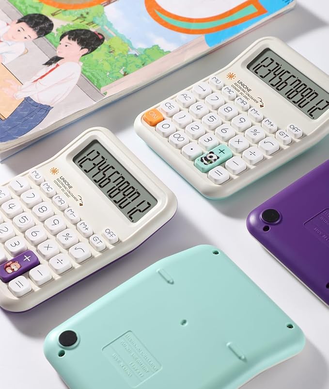 UNIONE Panda Calculator with a Bright LCD, Dual Power Handheld Desktop. Color. Business, Office, High School… (Beige)