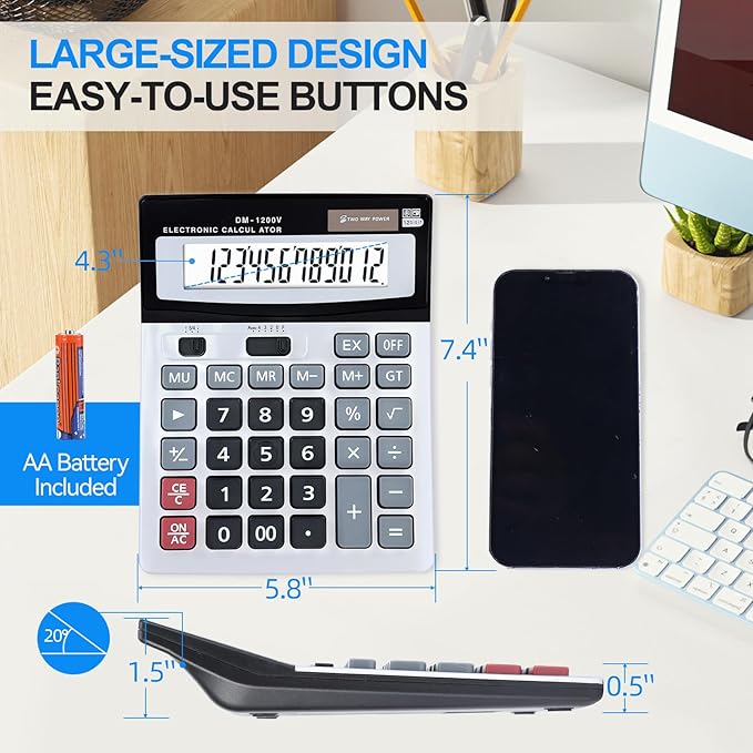 Calculator, 12-Digit Large LCD Display Desktop Calculators, Big Button with Dual Power (Solar & Battery), Standard Function for Office/School/Home Use