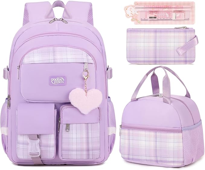 3PCS School Backpack For Student Women College Middle High Teen Girls Bookbag Waterproof Laptop Bag Plaid Purple