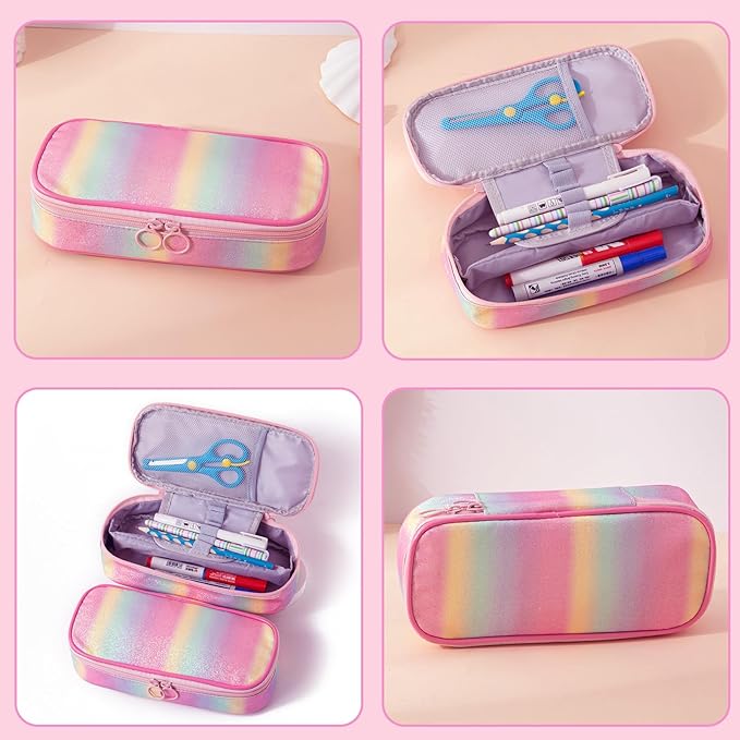 Glitter Rainbow Pencil Case for Girls, Large Capacity Pencil Pouch Pen Bag Organizer with 3 Compartments for Kids Student School Office Supplies, Cute Pencil Holder Pen Box (Glitter Rainbow)
