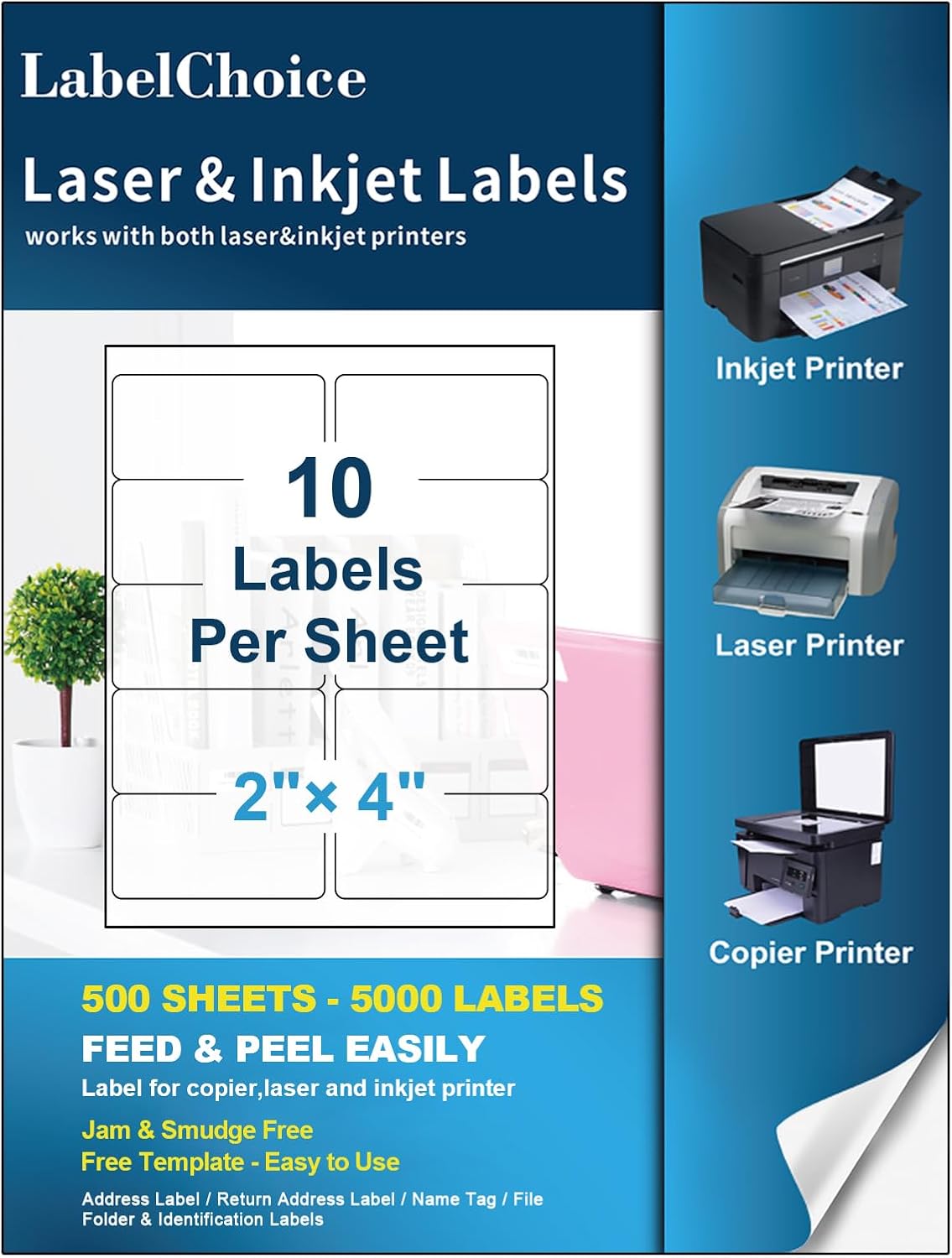 500 Sheets 5000 Pcs 2”x4” 10 Up Shipping Address Labels Compatible with Laser and Inkjet Printers, 2x4 10 Per Page Strong Adhesive Internet Mailing Shipping Labels