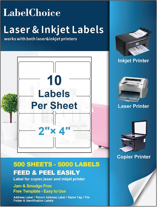 500 Sheets 5000 Pcs 2”x4” 10 Up Shipping Address Labels Compatible with Laser and Inkjet Printers, 2x4 10 Per Page Strong Adhesive Internet Mailing Shipping Labels