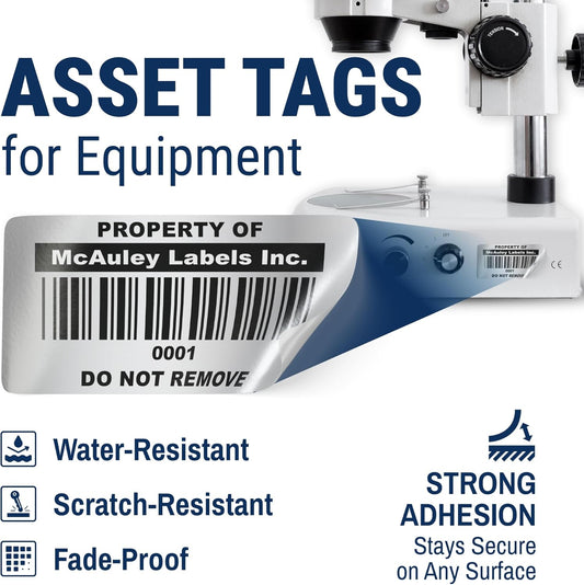 McAuley Labels Custom Asset Tags for Equipment – Numbered, Permanent, Adhesive, Metalized Silver Polyester - ID Label - 1.5x0.75 Inches