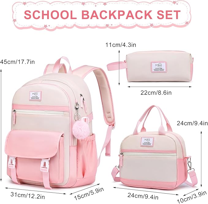 MOMUVO School Backpack Set for Girls,3pcs Bookbag with Lunch Box Pencil Case Kids School Bag Set