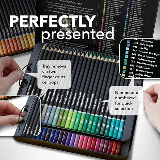 Castle Art Supplies Colored Pencils Set | 72 Premium Soft Core Colored Leads for Adult Artists | Organized in Presentation Tin Case