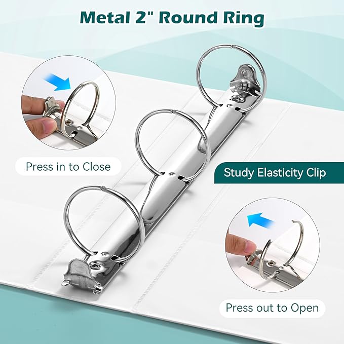 3 Ring Binder 2 Inch 6 Pack,2" Clear View with Round Rings, PVC-Free,Holds for 450 Sheets 8.5X 11 US Letter Size Paper, Durable White Binders Perfect for Office,School and Home