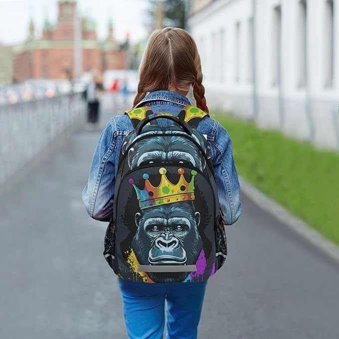 Gorilla with Crown Backpack for Boys Girls Elementary School Bag Kids Bookbag Travel Rucksack