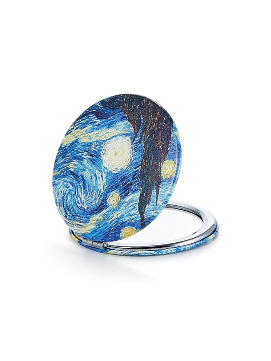OMIRO 1X/10X Compact Magnifying Mirror, Unique Painting Pocket Mirror with Classical PU Leather (Round, Starry Night)