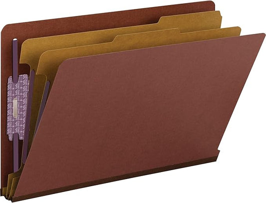 Smead 100% Recycled End Tab Pressboard Classification File Folder with SafeSHIELD Fasteners, 2 Dividers, 2" Expansion, Legal Size, Red, 10 per Box (29860)