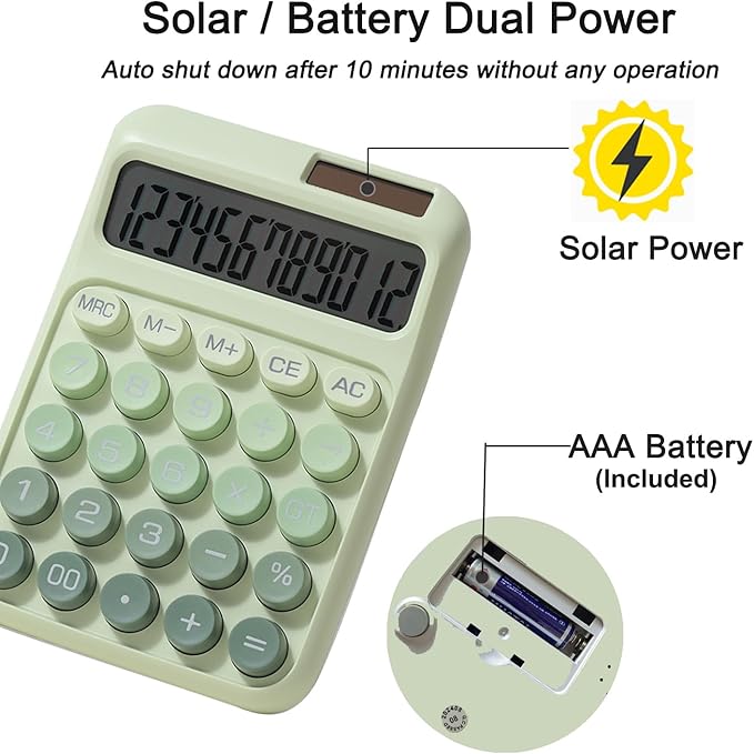 Desk Calculator, Merchanical Calculator Big Buttons,12 Digits Large LCD Display Calculator, Solar and Battery Dual Power, Battery Include, Cute Calculator for School,Office,Home,Business (Green)
