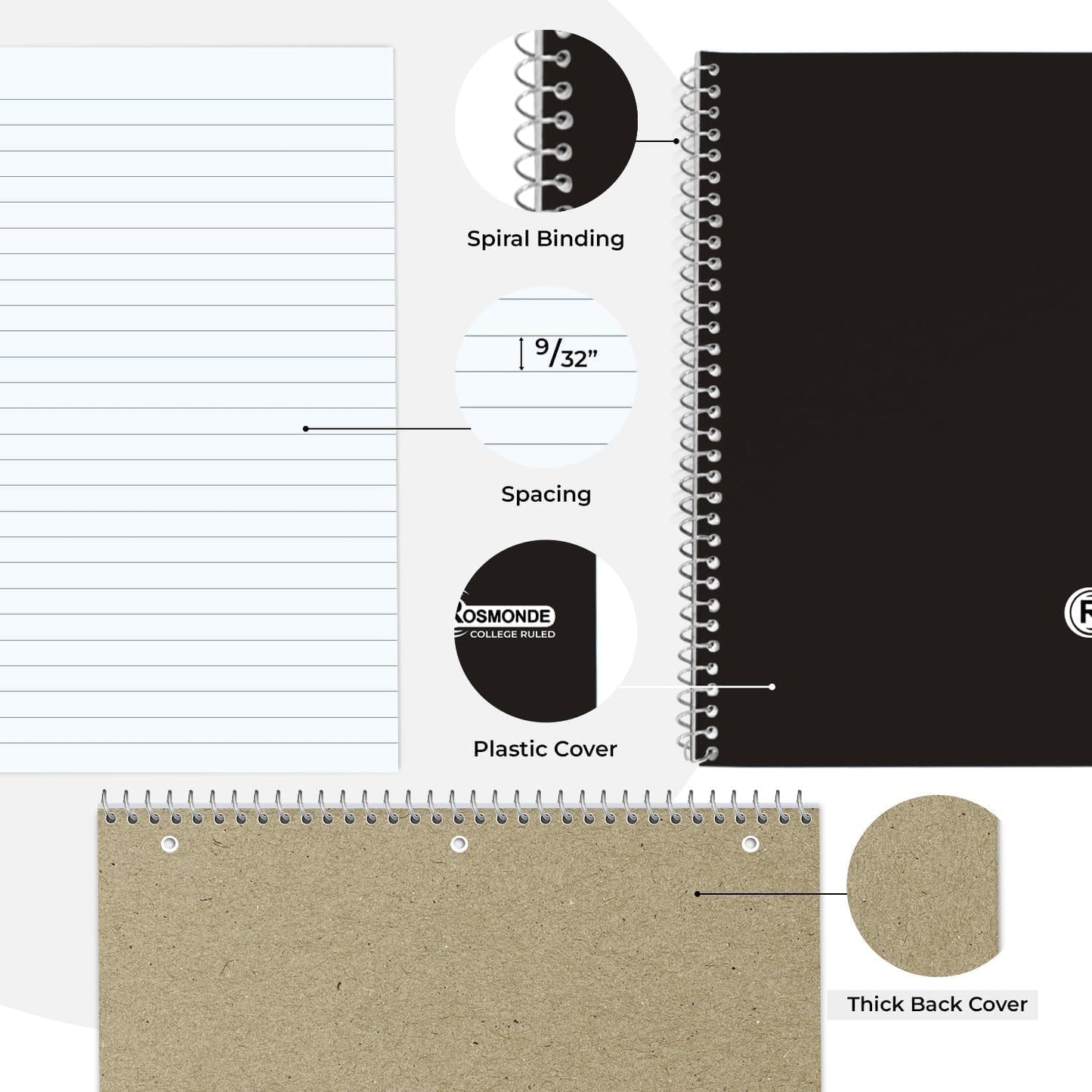 1 Subject Spiral Notebook, 50 Pack, College Ruled, Water Resistant Cover, Thick 140 Pages (70 Sheets), 8 x 10-1/2, 3 Hole Punched, Bulk School & Office, Black Cover