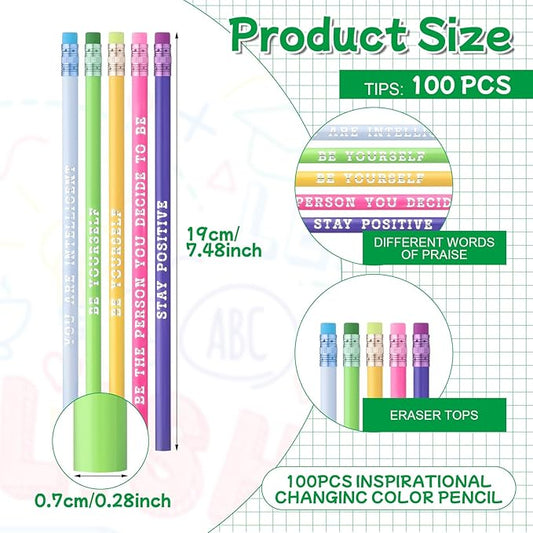 Epakh 100 Pcs Inspirational Pencils Color Changing Pencils Bulk with Eraser HB Wooden Pens Gift for Kids Back to School Gift for Classroom, Student Reward(Bright Colors,Classic Style)
