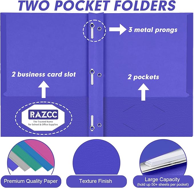Two Pocket Folders, RAZCC 75 Pack Two Pocket Folders with Prongs, 3 Prong Pocket Folders Letter Size, Paper Folders with Prongs for School Office Home Business, Assorted 5 Colors