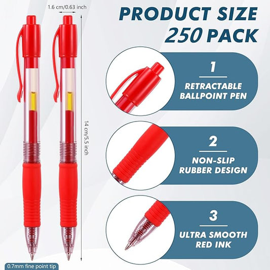 Jetec 250 Pcs Premium Gel Roller Pens Bulk, Fine Point 0.7 mm, Retractable Gel Ink Roller Ball Pens for Writing Journaling Taking Notes Office (Red)