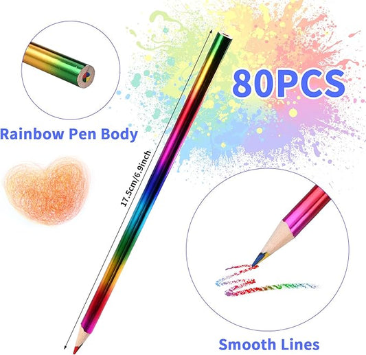 GOLDGE 80Pcs 4-in-1 Rainbow Pencils Party Favors (NOT pre-sharpened)– Colored Pencils for Kids, End-of-Year Student Gifts from Teachers, Goodie Bag Stuffers for Birthdays, Classrooms (80)