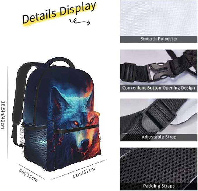 Giwawa Wolf Backpack for School, Blue Red Fire Wolf Animal Lightweight Sports Bookbags Shoulder Pack Laptop Casual Daypack Travel Bag for Women Men Boys Girls Teens Students
