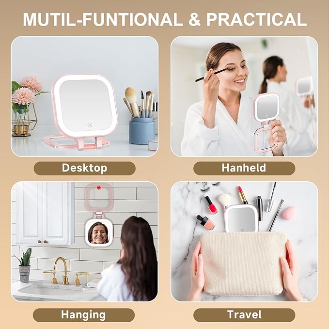 Mocado Compact Travel Makeup Mirror, 1X/10X Magnifying Mirror with Light, Double Sides Compact Mirror with 3 Color Light, Dimmable Handheld Mirror, Rechargeable Travel for Purse,Pocket(Pink)